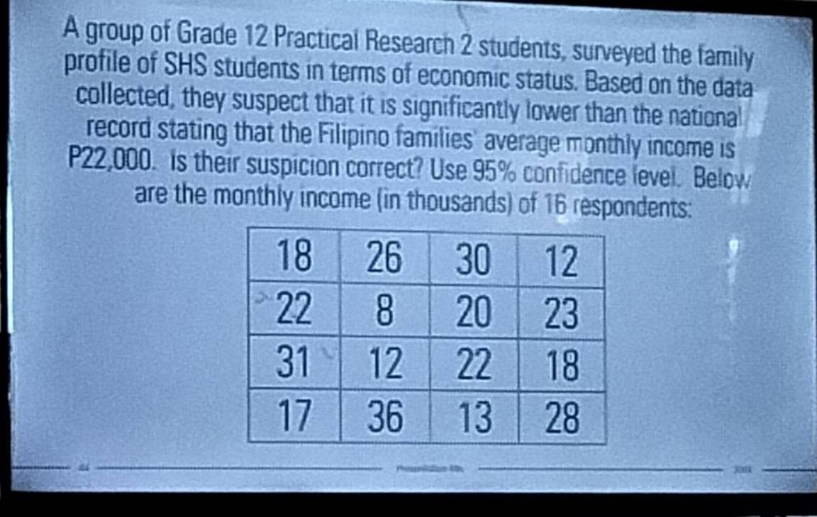 A group of Grade 12 Practical Research 2 students, surveyed the family 
profile of SHS students in terms of economic status. Based on the data 
collected, they suspect that it is significantly lower than the national 
record stating that the Filipino families' average monthly income is
P22,000. is their suspicion correct? Use 95% confidence level. Below 
are the monthly income (in thousands) of 16 respondents: 
jos