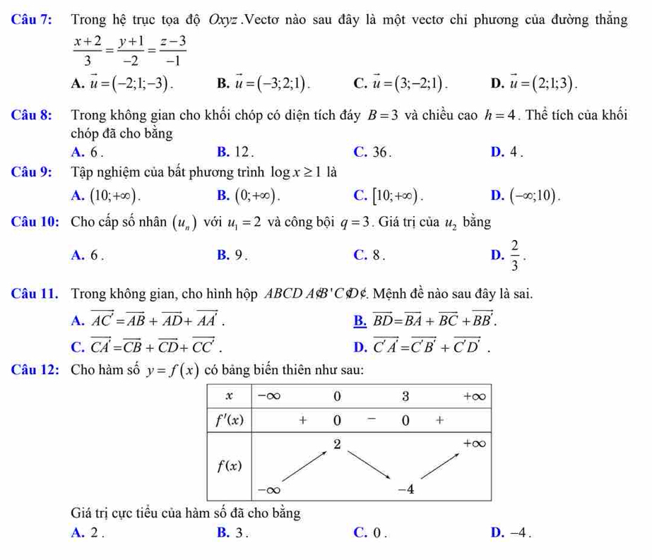 Trong hệ trục tọa độ Oxyz .Vectơ nào sau đây là một vectơ chỉ phương của đường thắng
 (x+2)/3 = (y+1)/-2 = (z-3)/-1 
A. vector u=(-2;1;-3). B. vector u=(-3;2;1). C. vector u=(3;-2;1). D. vector u=(2;1;3).
Câu 8: Trong không gian cho khối chóp có diện tích đáy B=3 và chiều cao h=4. Thể tích của khối
chóp đã cho bằng
A. 6 . B. 12 . C. 36 . D. 4 .
Câu 9: Tập nghiệm của bất phương trình log x≥ 1 là
A. (10;+∈fty ). B. (0;+∈fty ). C. [10;+∈fty ). D. (-∈fty ;10).
Câu 10: Cho cấp số nhân (u_n) với u_1=2 và công bội q=3. Giá trị của u_2 bằng
A. 6 . B. 9 . C. 8 . D.  2/3 .
Câu 11. Trong không gian, cho hình hộp ABCD A$B'C D¢. Mệnh đề nào sau đây là sai.
A. vector AC=vector AB+vector AD+vector AA'. B. vector BD=vector BA+vector BC+vector BB'.
C. vector CA'=vector CB+vector CD+vector CC'. D. vector C'A'=vector C'B'+vector C'D'.
Câu 12: Cho hàm số y=f(x) có bảng biến thiên như sau:
Giá trị cực tiểu của hàm số đã cho bằng
A. 2 . B. 3 . C. 0 . D. −4 .