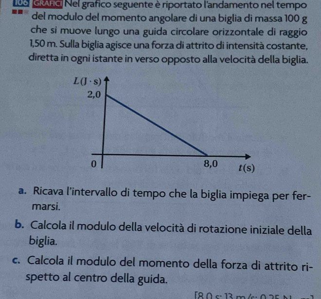 diño Nel grafico seguente è riportato l'andamento nel tempo
del modulo del momento angolare di una biglia di massa 100 g
che si muove lungo una guida circolare orizzontale di raggio
1,50 m. Sulla biglia agisce una forza di attrito di intensità costante,
diretta in ogni istante in verso opposto alla velocità della biglia.
a. Ricava l’intervallo di tempo che la biglia impiega per fer-
marsi.
b. Calcola il modulo della velocità di rotazione iniziale della
biglia.
c. Calcola il modulo del momento della forza di attrito ri-
spetto al centro della guida.
[8,0 c: 13 m /s:02