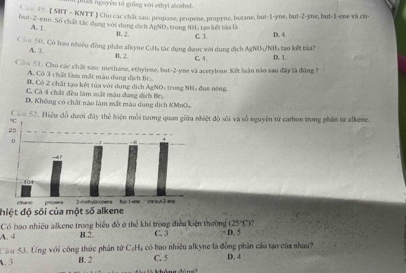 phan nguyên tố giống với ethyl alcohol.
Cậu 49.  SBT - KNTT  Cho các chất sau: propane, propene, propyne, butane, but -1 -yne, but -2 -yne, but -1 -ene và cis
but -2 -ene. Số chất tác dụng với dung dịch AgNO_3 trong NH 3 tạo kết tủa là
A. 1. B. 2. C. 3. D. 4.
Câu 50, Có bao nhiêu đồng phân alkyne C_5H_8 tác dụng được với dung dịch AgNO_3/NH_3 tạo kết tủa?
A. 3. B, 2. C. 4. D. 1.
Cũn 51. Cho các chất sau: methane, ethylene, but- 2 -yne và acetylene. Kết luận nào sau đây là đúng 7
A. Có 3 chất làm mất màu dung dịch Br_2.
B. Có 2 chất tạo kết tủa với dụng dịch AENC 0s trong NH₃ đun nóng.
C. Cả 4 chất đều làm mất màu dung dịch Br₂.
D. Không có chất nào làm mất màu dung dịch KMnO4.
Cầu 52. Biểu đỗ dưới đây thể hiện mối tương quan giữa nhiệt độ sôi và số nguyên tử carbon trong phân tử alkene.
^circ C
điệt độ sôi của một số alkene
Có bao nhiêu alkene trong biểu đồ ở thể khí trong điều kiện thường (25°C) ?
A. 4 B. 2. C. 3 D. 5
Câu 53. Ứng với công thức phân tử C_5H_8 có bao nhiêu alkyne là đồng phân cầu tạo của nhau?
. 3 B. 2 C. 5 D. 4