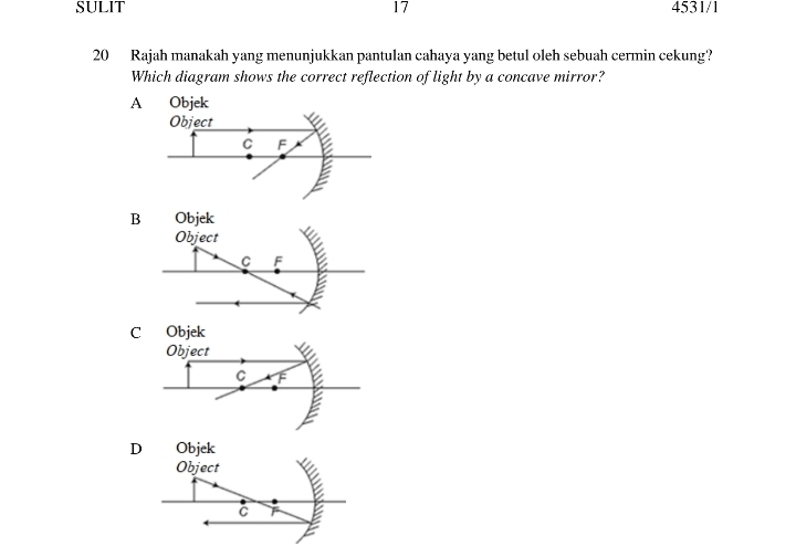 SULIT 17 4531/1
20 Rajah manakah yang menunjukkan pantulan cahaya yang betul oleh sebuah cermin cekung?
Which diagram shows the correct reflection of light by a concave mirror?
A Objek
Object
C F
B Objek
Object
C F
C Objek
Object
C F
D Objek
Object
C