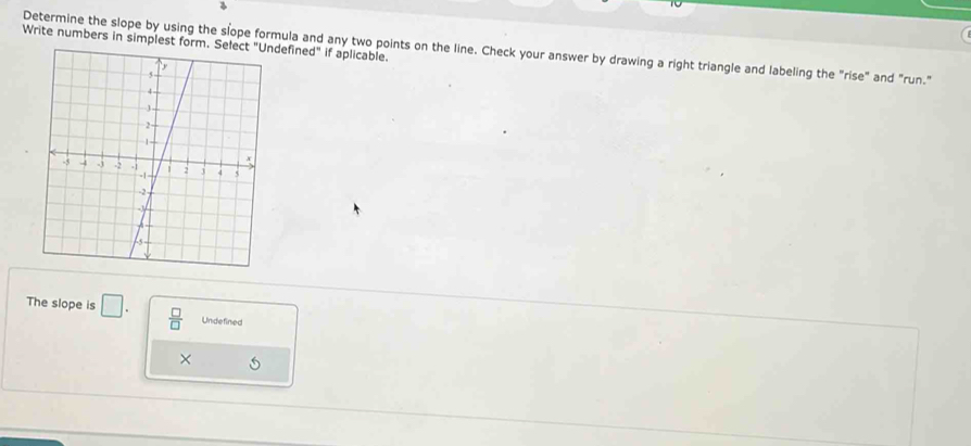 Write numbers in simplest form. Select "Undefined" if aplicable. Determine the slope by using the slope formula and any two points on the line. Check your answer by drawing a right triangle and labeling the "rise" and "run."
The slope is □.  □ /□   Undefined
×