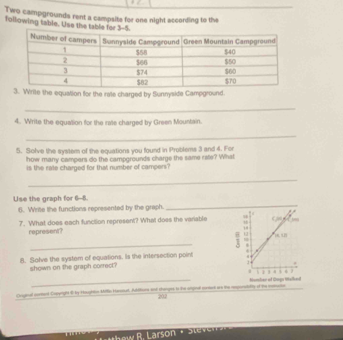 Two campgrounds rent a campsite for one night according to the
following table. Use the table for 
. Write the equation for the rate charged by Sunnyside Campground.
_
4. Write the equation for the rate charged by Green Mountain.
_
5. Solve the system of the equations you found in Problems 3 and 4. For
how many campers do the campgrounds charge the same rate? What
is the rate charged for that number of campers?
_
Use the graph for 6-8.
6. Write the functions represented by the graph.
_
7. What does each function represent? What does the variable 
represent?
_
8. Solve the system of equations. Is the intersection point
shown on the graph correct?
_
Number of Dogs Walked
Originat content Copyright@ by Houghton Mifitin Harcourt. Additions and changes to the original confent are the responsibility of the instructor
202
w   arson · Ste  n