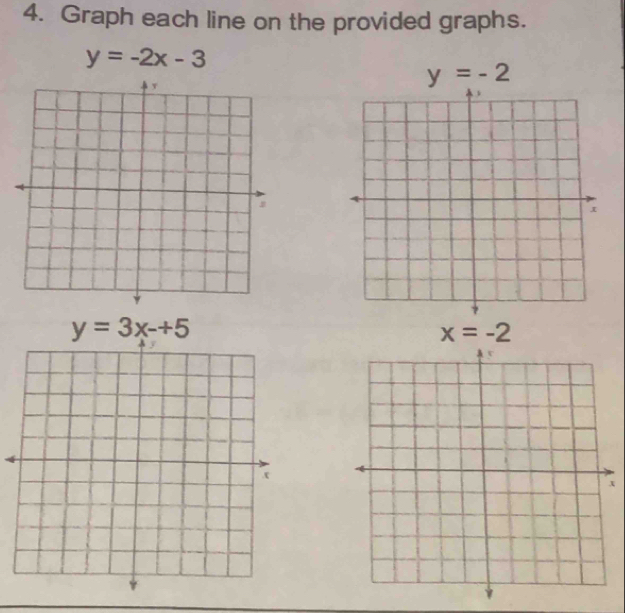 Graph each line on the provided graphs.
y=-2x-3
y=-2
x=-2
x