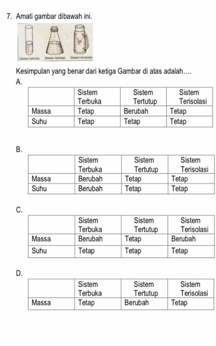 Amati gambar dibawah ini. 
Kesimpulan yang benar dari ketiga Gambar di atas adalah.... 
A. 
B. 
C. 
D.