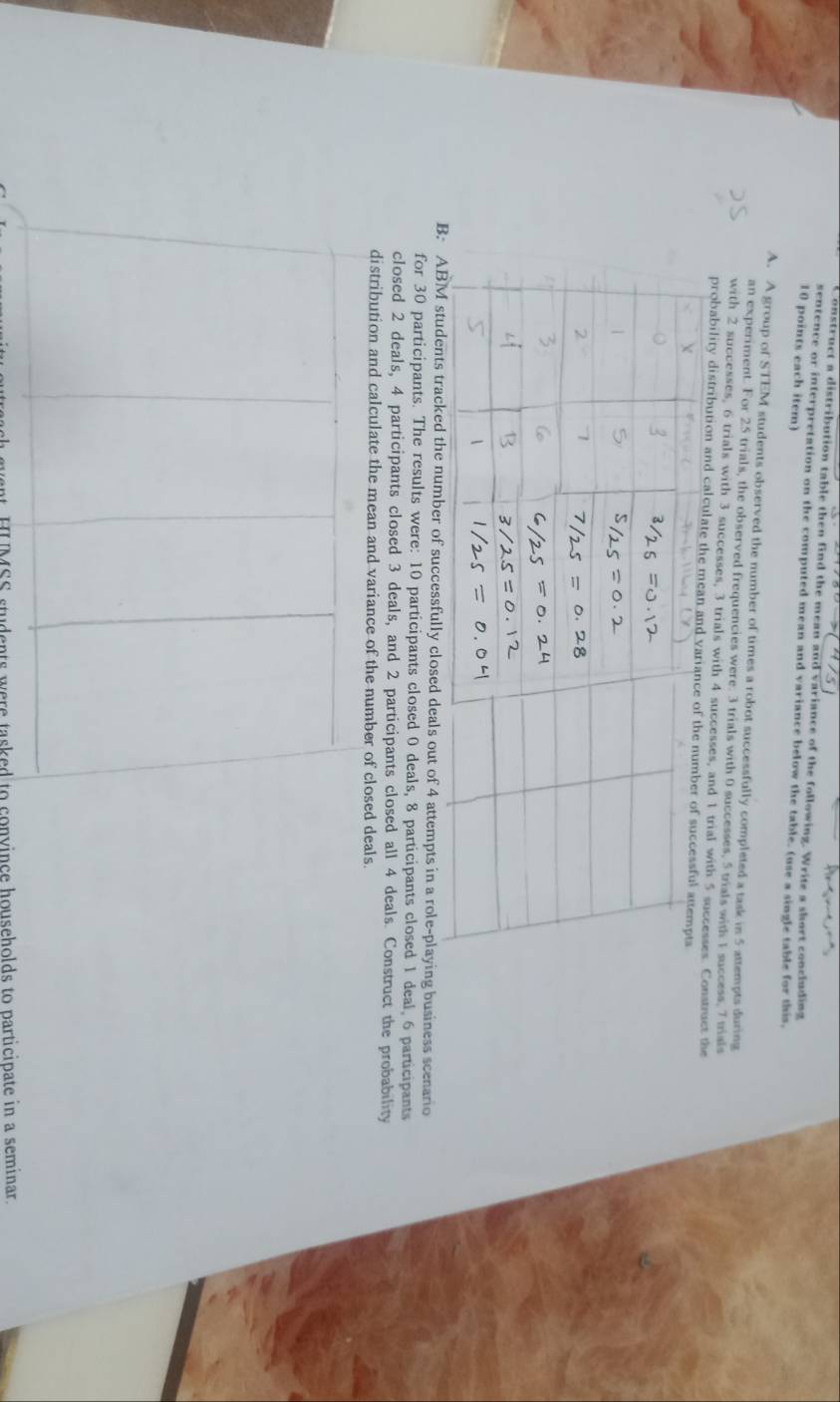 Construct a distribution table then find the mean and variance of the following. Write a short concluding 
sentence or interpretation on the computed mean and variance below the table. (use a single table for this, 
10 points each item) 
A. A group of STEM students observed the number of times a robot successfully completed a task in 5 attempts during 
an experiment. For 25 trials, the observed frequencies were: 3 trials with 0 successes, 5 trials with 1 success, 7 trials 
with 2 successes, 6 trials with 3 successes, 3 trials with 4 successes, and 1 trial with 5 successes. struct the 
probability distribution and calcula 
ber of successfully closed deals out of 4 attempts in a role-playing business scenario 
for 30 participants. The results were: 10 participants closed 0 deals, 8 participants closed 1 deal, 6 participants 
closed 2 deals, 4 participants closed 3 deals, and 2 participants closed all 4 deals. Construct the probability 
distribution and calculate the mean and variance of the number of closed deals. 
at HUMSS students were tasked to convince households to participate in a seminar.