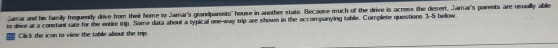 Jamar and his family frequently drive from their home to Jamar's grandparents" house in another state. Because much of the drive is across the desert, Jamar's parents are usually able 
to drive at a constant rate for me entire tip. Some data about a typical one-way trip are shown in the accompanying table. Complete questions 1-5 below. 
Click the icon to view the table about the trip.