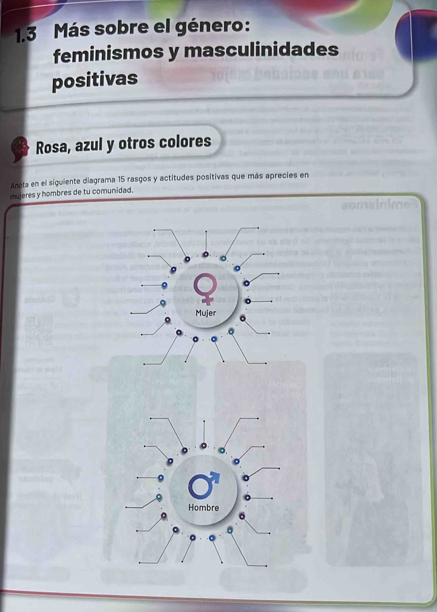 1.3 Más sobre el género: 
feminismos y masculinidades 
positivas 
Rosa, azul y otros colores 
Anota en el siguiente diagrama 15 rasgos y actitudes positivas que más aprecies en 
mujeres y hombres de tu comunidad.