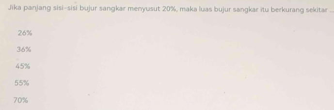 Jika panjang sisi-sisi bujur sangkar menyusut 20%, maka luas bujur sangkar itu berkurang sekitar ..
26%
36%
45%
55%
70%