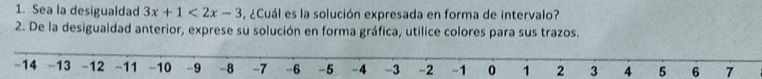 Sea la desigualdad 3x+1<2x-3</tex> , ¿Cuál es la solución expresada en forma de intervalo? 
2. De la desigualdad anterior, exprese su solución en forma gráfica, utilice colores para sus trazos.