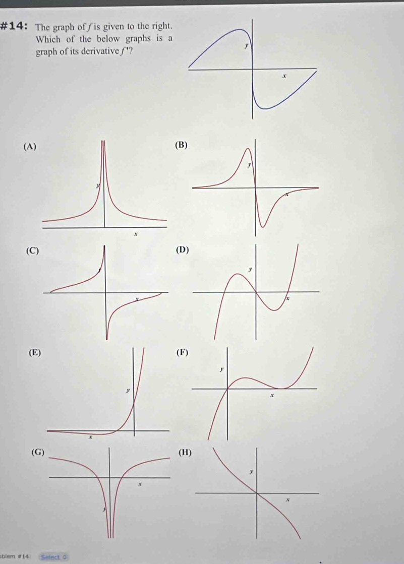 #14: The graph of is given to the right. 
Which of the below graphs is a 
graph of its derivative ƒ'? 
(A 
(CD) 
(EF) 
(GH) 
blem #14 Seiect 0