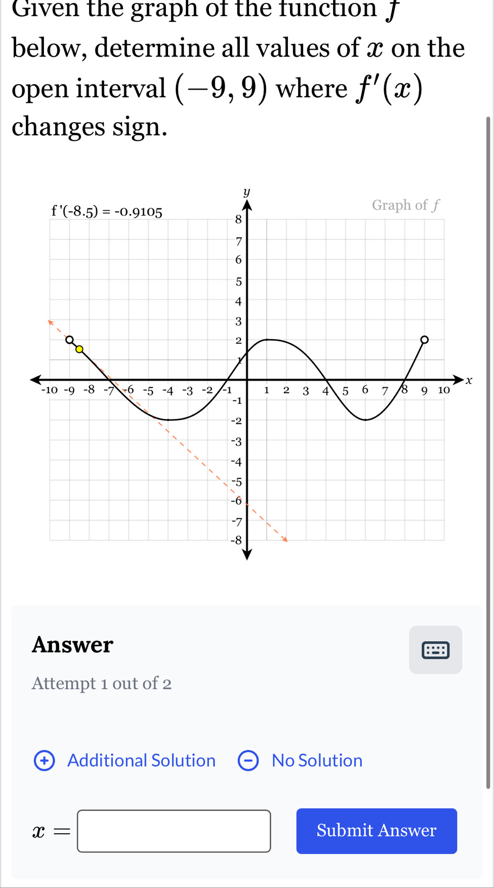 Given the graph of the function f
below, determine all values of x on the
open interval (-9,9) where f'(x)
changes sign.
x
Answer
:=:
Attempt 1 out of 2
+ Additional Solution No Solution
x=□ Submit Answer