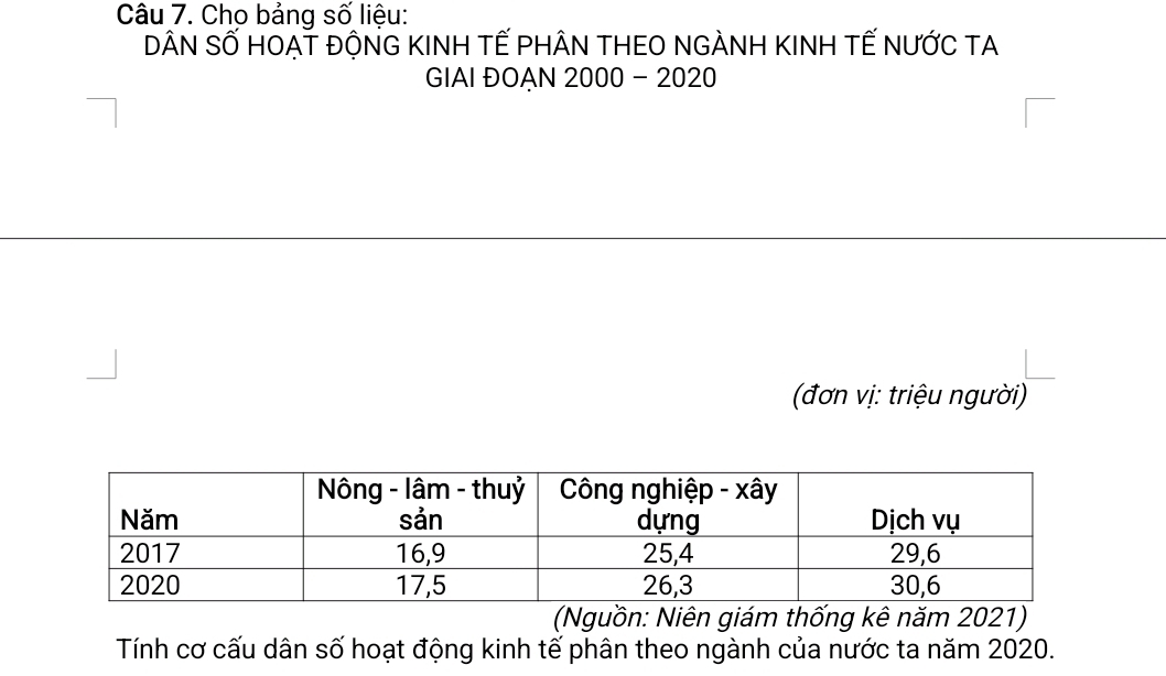 Chọ bảng số liệu: 
DâN SỐ HOẠT ĐộNG KINH TẾ PhÂN THEO NGÀNH KINH TẾ nƯỚc tA 
GIAI ĐOẠN 2000 - 2020 
(đơn vị: triệu người) 
(Nguồn: Niên giám thống kê năm 2021) 
Tính cơ cấu dân số hoạt động kinh tế phân theo ngành của nước ta năm 2020.