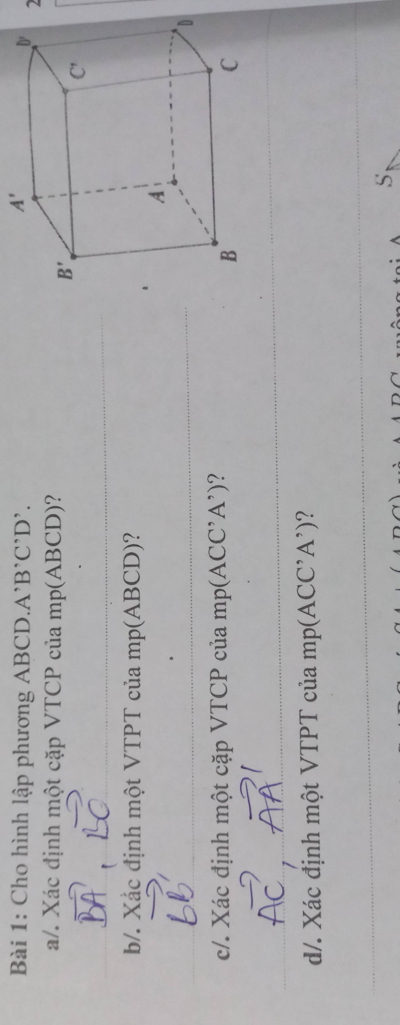 Cho hình lập phương ABCD.A'l B'C'D' 2
a/. Xác định một cặp VTCP của mp(ABCD)?
_
_
b/. Xắc định một VTPT của mp(ABCD)?
_
c/. Xác định một cặp VTCP của mp(ACC'A') ?
_
d/. Xác định một VTPT của mp(ACC^(^,)A^(^,))
_
S