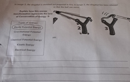 In image 2, the slingshot is stretched out prepored to fire. In image 3, the slingshat has been released 
so that the ball can mave. 
transformation represents the La Explain how this energy 
of Conservation of Energy 
Types of energy! 
Elastic Potential Energy 
Gravitational Potential 
Energy 
Chemical Potential Energy 
Kinetic Energy 
Electrical Energy 
_ 
_ 
_ 
_