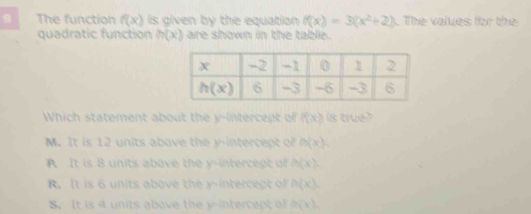 The function f(x) is given by the equation f(x)=3(x^2+2). The values for the
quadratic function h(x) are shown in the table.
Which statement about the y-intercept of f(x) is true?
M. It is 12 units above the y-intercept of h(x).
A It is 8 units above the y-intercept of h(x).
R. It is 6 units above the y-intercept of h(x).
8. It is 4 units above the y-intercept of h(x),