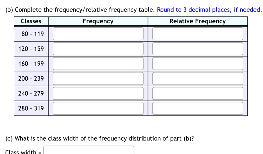 Complete the frequency/relative frequency table. Round to 3 decimal places, if needed. 
(c) What is the class width of the frequency distribution of part (b)? 
Class width = a_□  (-y-()=()(x-))