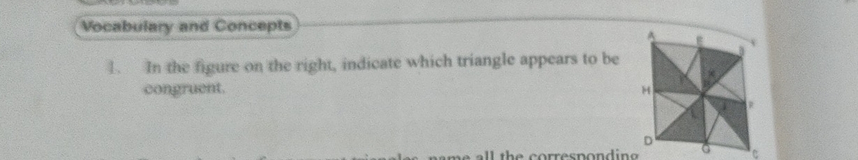 Vocabulary and Concepts 
1. In the figure on the right, indicate which triangle appears to be 
congruent. 
ll the corresnondin