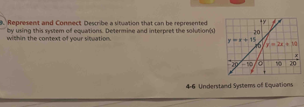 Represent and Connect Describe a situation that can be represented
by using this system of equations. Determine and interpret the solution(s)
within the context of your situation.
4-6 Understand Systems of Equations