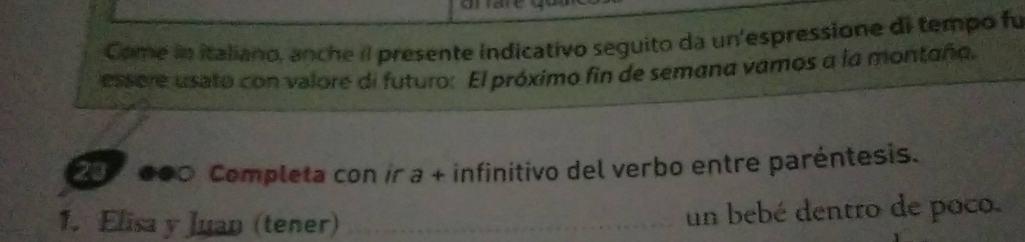 Come in italiano, anche il presente indicativo seguito da un'espressione di tempo fu 
essere usato con valore di futuro: El próximo fin de semana vamos a la montaño.
20 000 Completa con ir a + infinitivo del verbo entre paréntesis. 
1. Elisa y Juan (tener)_ 
un bebé dentro de poco