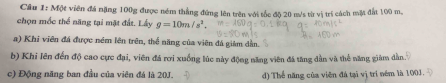 Một viên đá nặng 100g được ném thẳng đứng lên trên với tốc độ 20 m/s từ vị trí cách mặt đất 100 m,
chọn mốc thế năng tại mặt đất. Lấy g=10m/s^2. 
a) Khi viên đá được ném lên trên, thế năng của viên đá giảm dần.
b) Khi lên đến độ cao cực đại, viên đá rơi xuống lúc này động năng viên đá tăng dần và thế năng giảm dần.
c) Động năng ban đầu của viên đá là 20J. d) Thế năng của viên đá tại vị trí ném là 100J.