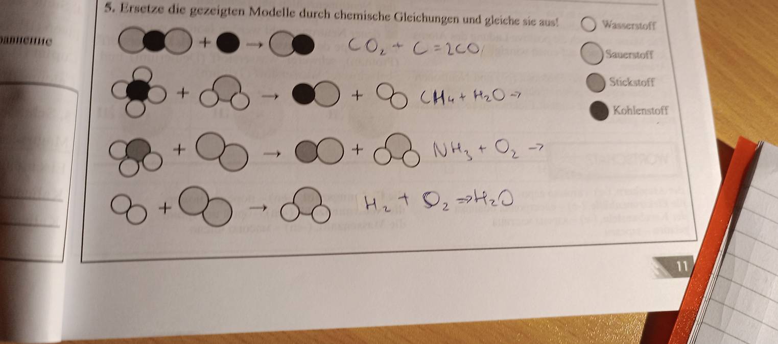 Ersetze die gezeigten Modelle durch chemische Gleichungen und gleiche sie aus! Wasserstoff 
aBHCHиE
bigcirc □ +bigcirc to bigcirc bigcirc
Sauerstoff
8+∈fty to · 0to +∈fty
Stickstoff 

Kohlenstoff
80+00to 00+00 NHtOZ
8+8alpha to 0alpha H_2+O
11