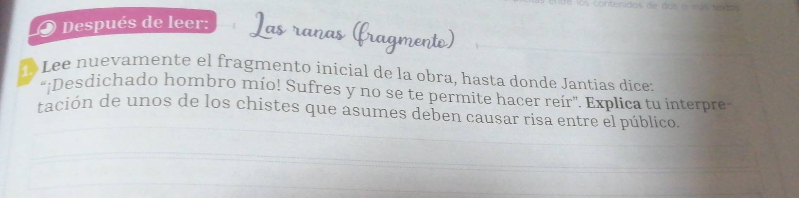 los contenidos de dos a más textas 
I Después de leer: 
1 Lee nuevamente el fragmento inicial de la obra, hasta donde Jantias dice: 
“¡Desdichado hombro mío! Sufres y no se te permite hacer reír”. Explica tu interpre 
tación de unos de los chistes que asumes deben causar risa entre el público.