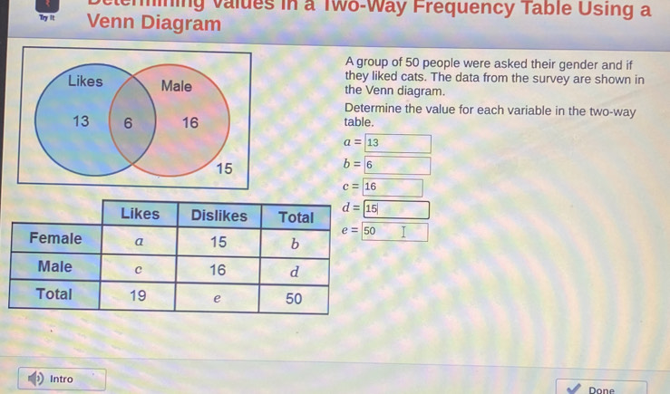 eterining values in a Two-Way Frequency Table Using a
Try It Venn Diagram
A group of 50 people were asked their gender and if
they liked cats. The data from the survey are shown in
the Venn diagram.
Determine the value for each variable in the two-way
table.
a=boxed 13
b=boxed 6
c=16
d=boxed (15)°
Intro
Done