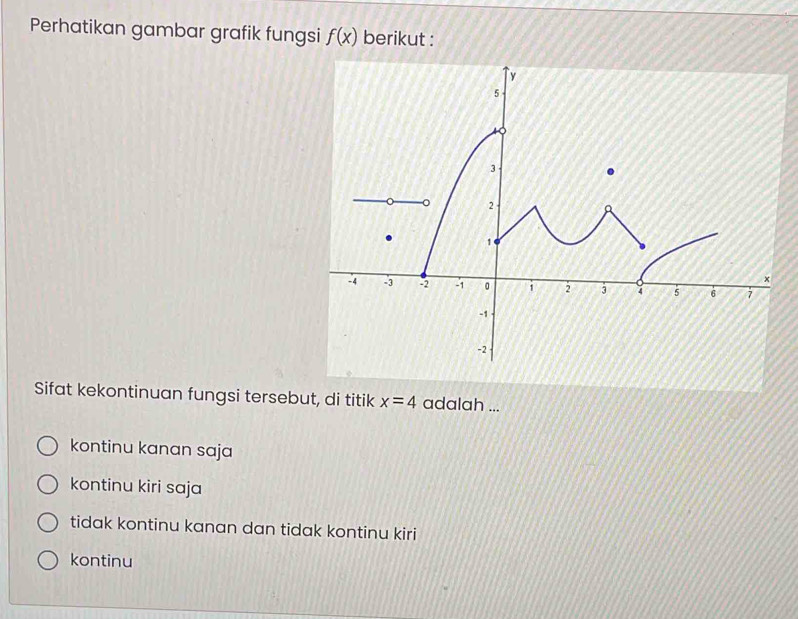 Perhatikan gambar grafik fungsi f(x) berikut :
Sifat kekontinuan fungsi tersebut, di titik x=4 adalah ...
kontinu kanan saja
kontinu kiri saja
tidak kontinu kanan dan tidak kontinu kiri
kontinu