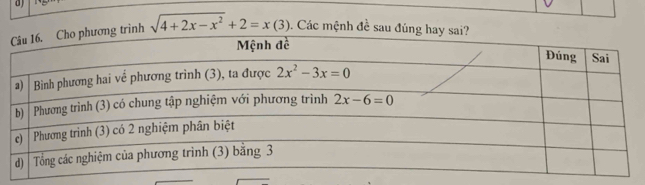 sqrt(4+2x-x^2)+2=x(3). Các mệnh đề sau đ