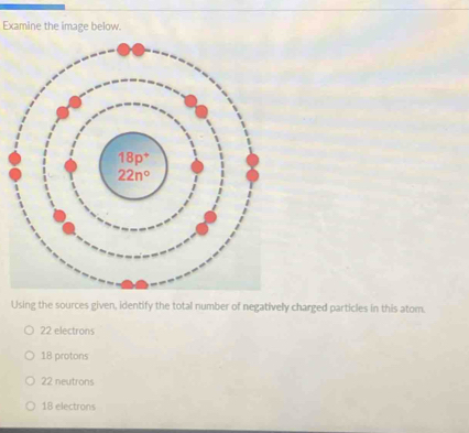 Examine the image below
Using the sources given, identify the total number of negatively charged particles in this atom.
22 electrons
18 protons
22 neutrons
18 electrons