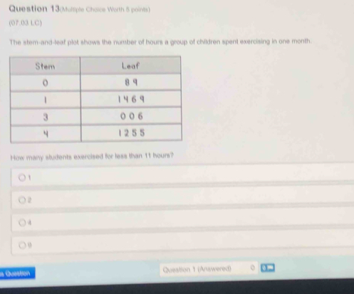 Question 13(Multiple Choice Worth 5 points) 
(07.03 LC) 
The stem-and-leaf plot shows the number of hours a group of children spent exercising in one month. 
How many students exercised for less than 11 hours? 
1 

a Question Question 1 (Answered)