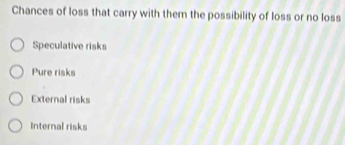 Chances of loss that carry with them the possibility of loss or no loss
Speculative risks
Pure risks
External risks
Internal risks