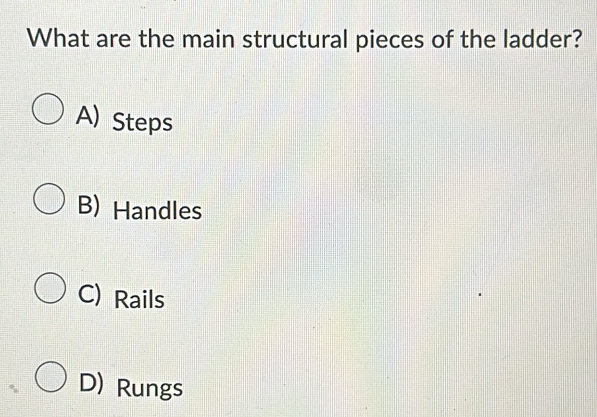 What are the main structural pieces of the ladder?
A) Steps
B) Handles
C) Rails
D) Rungs