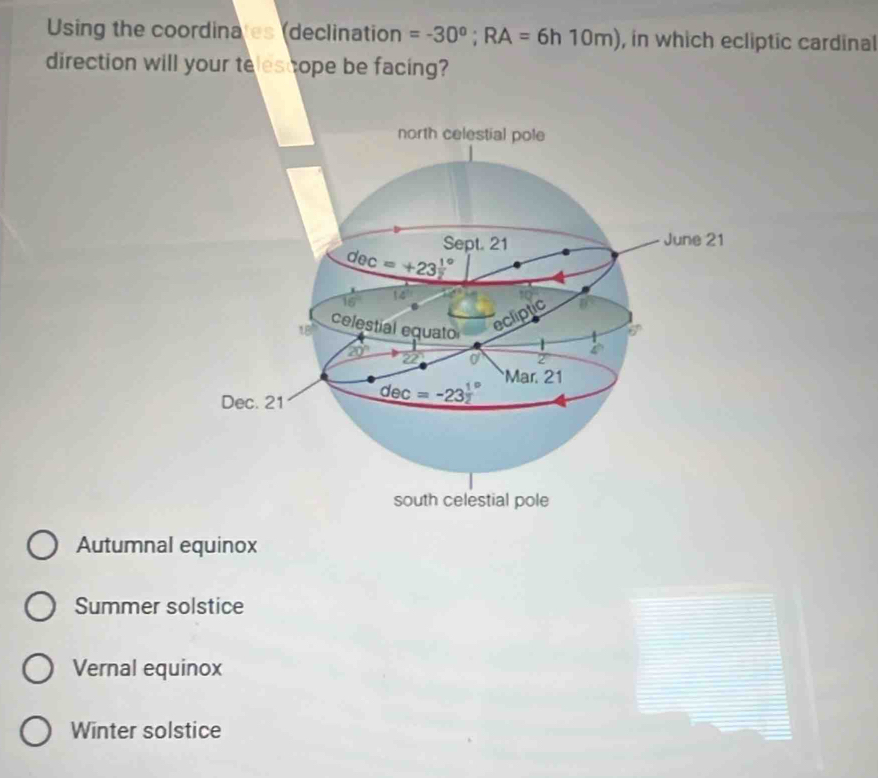 Using the coordinales (declination =-30°;RA=6h10m) , in which ecliptic cardinal
direction will your telescope be facing?
Autumnal equinox
Summer solstice
Vernal equinox
Winter solstice