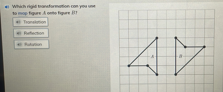 Which rigid transformation can you use
to map figure A onto figure B?
Translation
Reflection
《》 Rotation
A