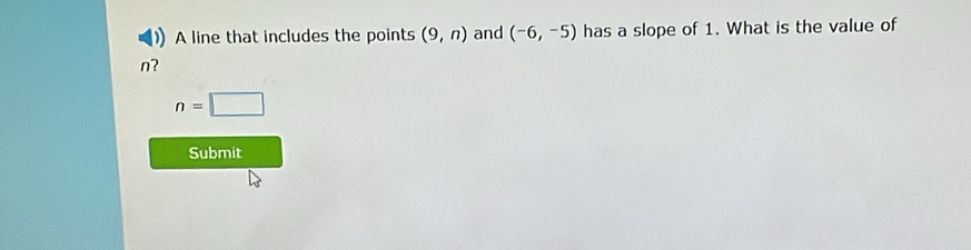 A line that includes the points (9,n) and (-6,-5) has a slope of 1. What is the value of
n?
n=□
Submit