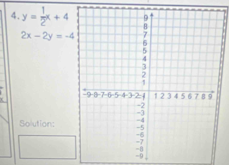 y= 1/2 x+4
2x-2y=-4
Solution: