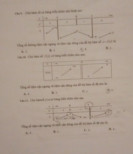 C&# 9. ố có bảng biển thiên như hình sau
Tổng số đường tiệm cận ngang và tiệm cận đứng của đồ
A. 3 . B. 2 . C. 4 . D. 1.
Câu 10. Cho hàm số f(x) có bảng biển thiên như sau:
Tổng số tiệm cận ngang và tiệm cận đứng của đồ thị hàm số đã cho là:
A. 4 . B. 3 . C. 1. D. 2 .
Câu 11. Cho hàmsố f(x) có bảng biển thiên như sau
Tổng số tiệm cận ngang và tiệm cận đứng của đồ thị hàm số đã cho là
A. 4 . B. 1 . C. 3 . D. 2 .