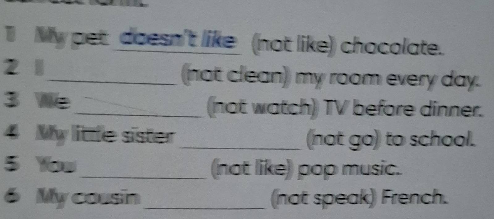 My pet doesn't like (not like) chocolate. 
2 
_(not clean) my room every day. 
3 We 
_(not watch) TV before dinner. 
4 My little sister _(not go) to school. 
5 You 
_(not like) pop music. 
6 My cousin _(not speak) French.