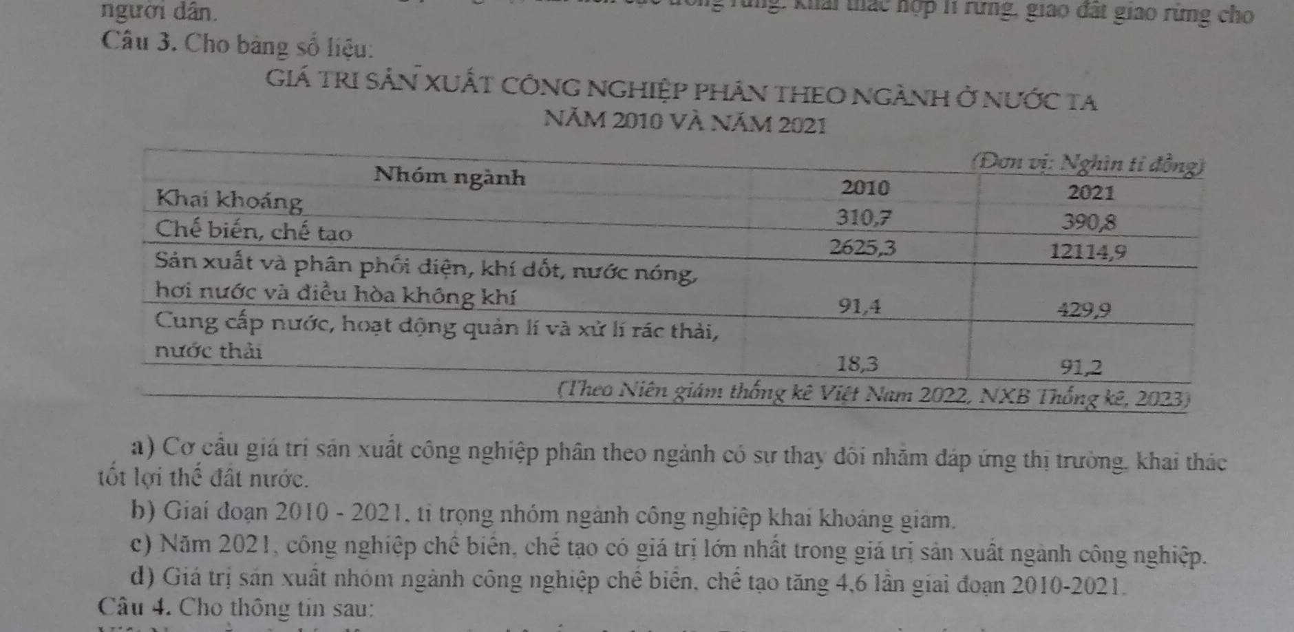 người dân. Tùng: khải thác hợp lí rừng, giao đất giao rừng cho
Câu 3. Cho bảng số liệu:
Giá trI sảN Xuất cônG nghiệp phân tHEO ngành ở nước ta
Năm 2010 Và Năm 2021
a) Cơ cầu giá trị sản xuất công nghiệp phân theo ngành có sự thay đôi nhằm đáp ứng thị trường, khai thác
ốt lợi thể đất nước.
b) Giai đoạn 2010 - 2021, tỉ trọng nhóm ngành công nghiệp khai khoáng giám.
c) Năm 2021, công nghiệp chế biên, chế tạo có giá trị lớn nhất trong giá trị sản xuất ngành công nghiệp.
d) Giá trị sản xuất nhóm ngành công nghiệp chế biển, chế tạo tăng 4, 6 lần giai đoạn 2010-2021.
Câu 4. Cho thông tin sau: