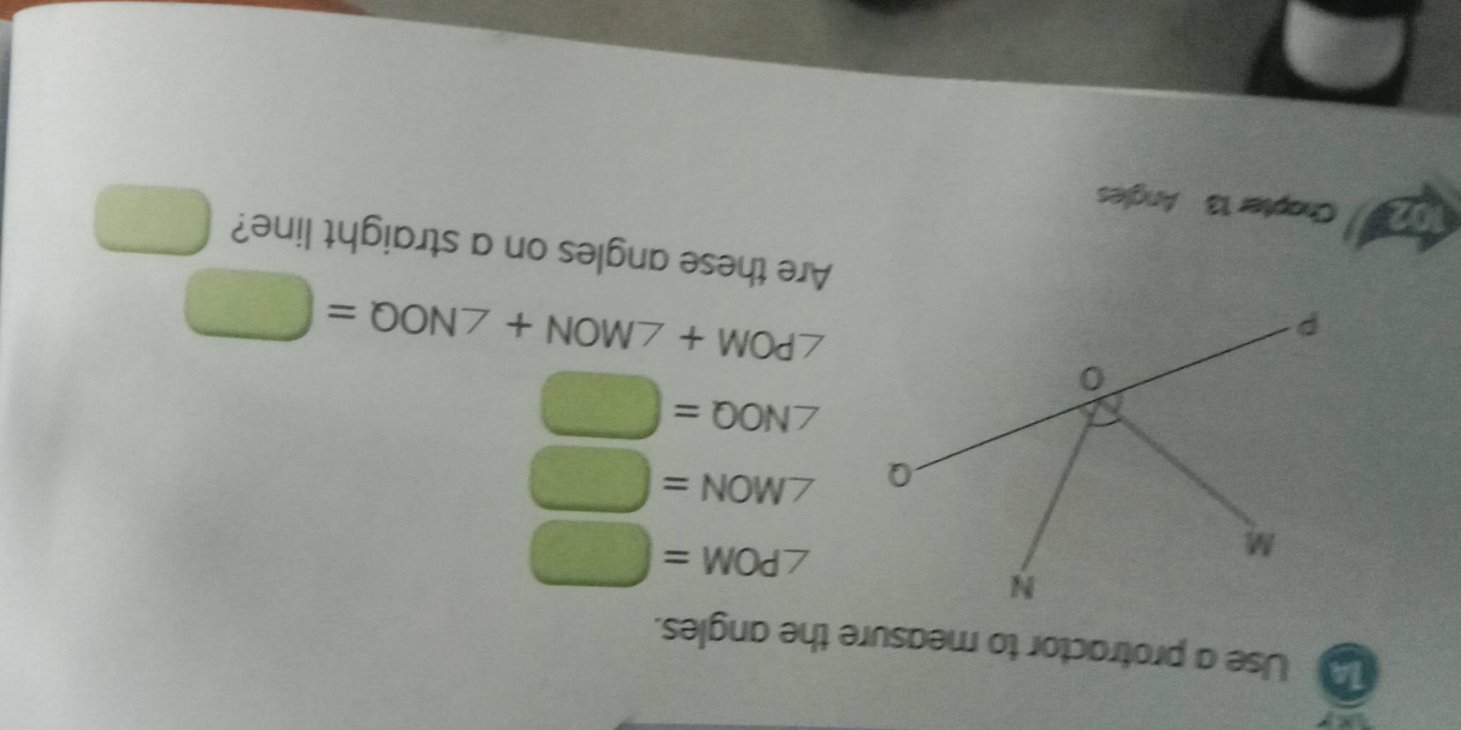 Use a protractor to measure the angles.
∠ POM=□
∠ MON=□
∠ NOQ=□
∠ POM+∠ MON+∠ NOQ=□
Are these angles on a straight line?  1/2  
J2 Chapter 13 Angles