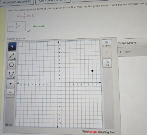 PREVIOUS ANSWERS 
Find the slope-intercept form of the equation of the line that has the given slope m and passes through the g
m= 1/3 ,(9,3)
y= 1/3 x Nice work! 
Sketc 
ear All Graph Layers 
Point 1 
Fill 
N c 
Sslution 
Heip 
WebAssign. Graphing Tool