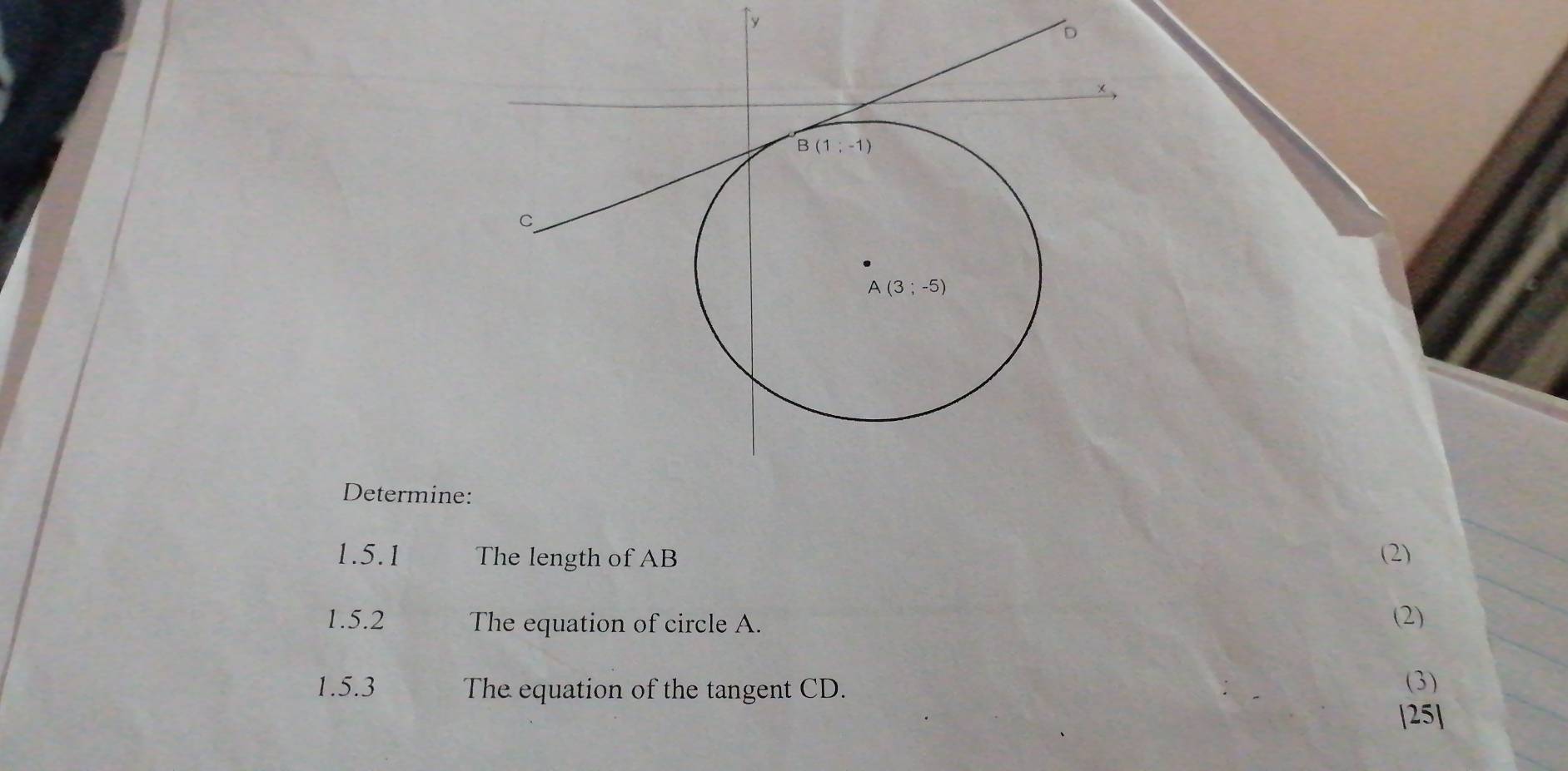 Determine:
1.5.1 The length of AB (2)
1.5.2 The equation of circle A. (2)
1.5.3 The equation of the tangent CD.
(3)
[25]