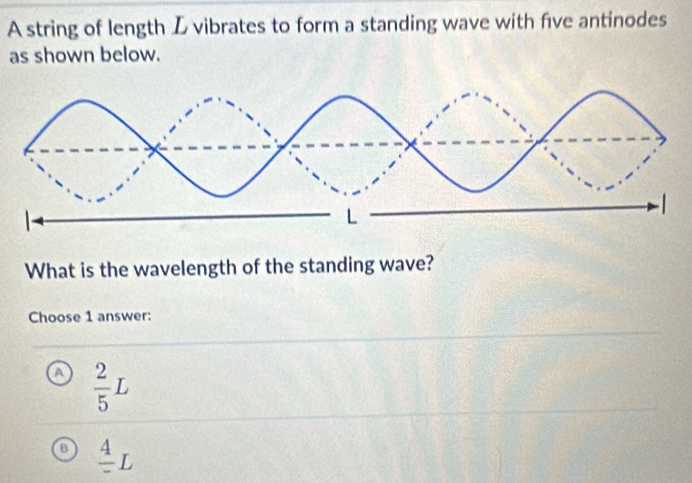 A string of length L vibrates to form a standing wave with five antinodes
as shown below.
What is the wavelength of the standing wave?
Choose 1 answer:
a  2/5 L
frac 4L