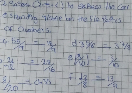 anSert (7· =· 2) to express the Carr 
e spanding ilshae bn the flf Pap is 
of Qumbers. 
2. 55/9=18/9 d 35/6_ =37/8
 2x/12 ·  1=28/16  e 13/10/_10)=^3/_10
 8/20 =0.35 f  22/8 = 13/9 