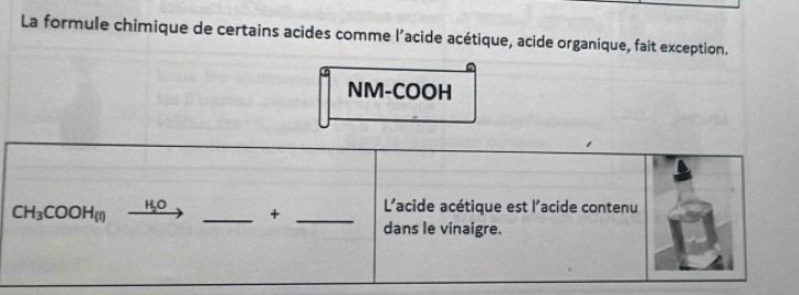 La formule chimique de certains acides comme l'acide acétique, acide organique, fait exception. 
NM-COOH
CH_3COOH_(I) H_oO _ 
+ _ L'acide acétique est l'acide contenu 
dans le vinaigre.