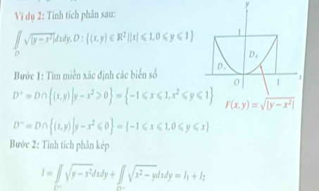 Ví dụ 2: Tính tích phân sau:
∈t _0endarray sqrt([y])sqrt([y-x^2])dxdy,D: (x,y)∈ R^2||x|≤slant 1,0≤slant y≤slant 1
Bước 1: Tìm miền xác định các biển số
D^+=D∩  (x,y)|y-x^2≥slant 0 = -1≤slant x≤slant 1,x^2≤slant y≤slant 1
D^-=D∩  (x,y)|y-x^2≤slant 0 = -1≤slant x≤slant 1,0≤slant y≤slant x
Bước 2: Tính tỉch phân kép
I=∈tlimits _0sqrt(y-x^2)dxdy+∈tlimits _0sqrt(x^2-y)dxdy=I_1+I_2