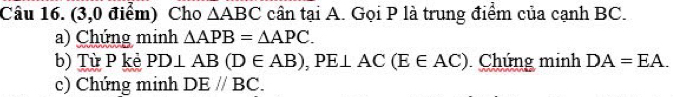 (3,0 điểm) Cho △ ABC cân tại A. Gọi P là trung điểm của cạnh BC. 
a) Chứng minh △ APB=△ APC. 
b) Từ P kẻ PD⊥ AB(D∈ AB), PE⊥ AC(E∈ AC) Chúng minh DA=EA. 
c) Chứng minh DEparallel BC.