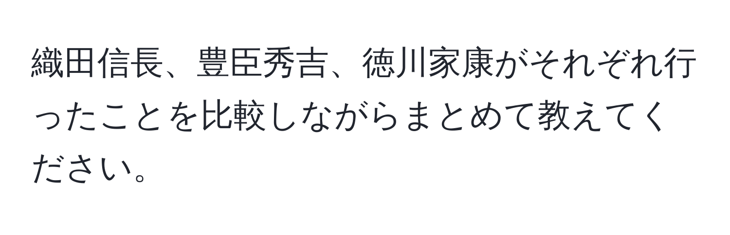 織田信長、豊臣秀吉、徳川家康がそれぞれ行ったことを比較しながらまとめて教えてください。